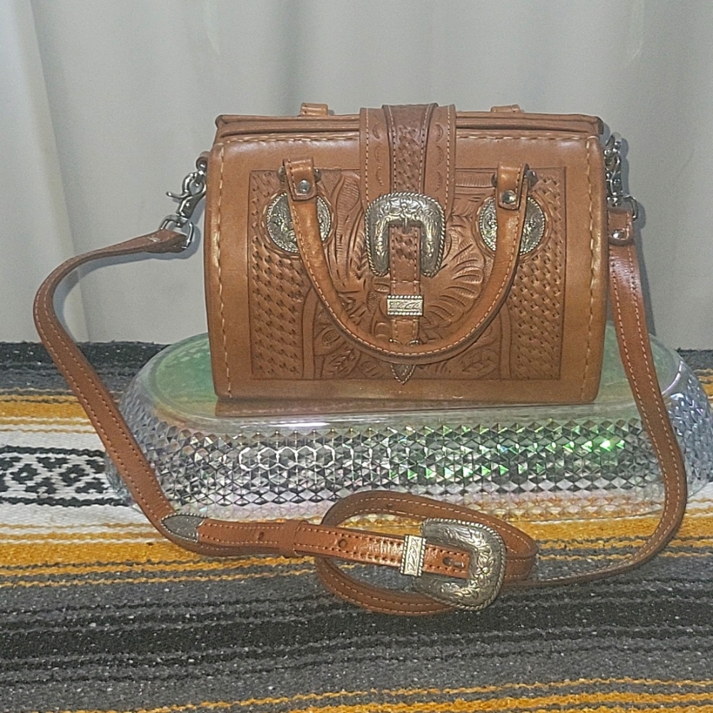 Western tooled leather doctor's bag type purse
